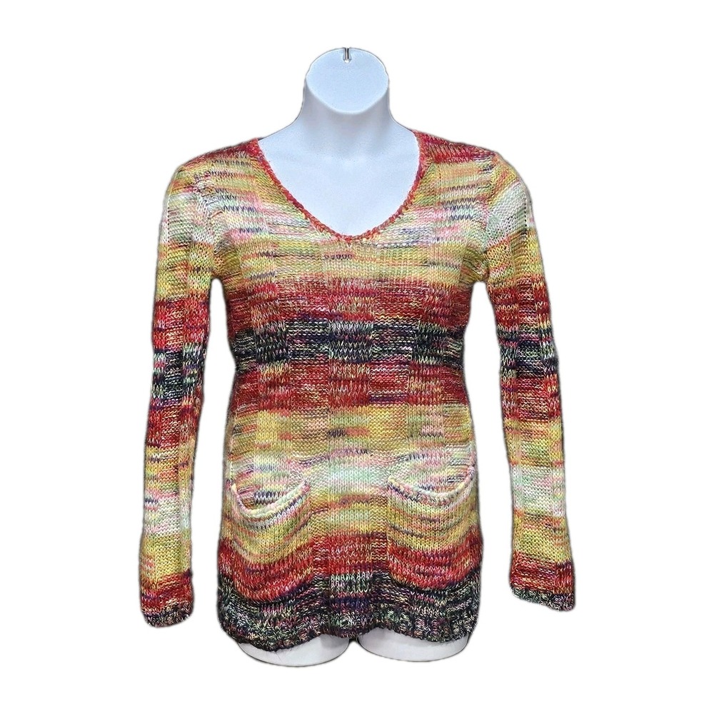 Ultra Flirt Sweater Womens L Knit Ombre V‎ Neck Marled Rainbow Cottage Cozy Y2K